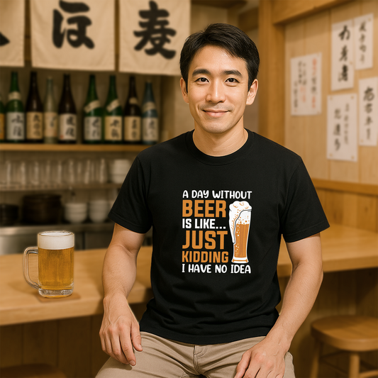 「 A DAY WITHOUT BEER IS LIKE ... 」誕生日プレゼントにも最適！居酒屋・飲み会で話題の面白tシャツ｜日本酒・ビール・焼酎・ウイスキー好きにおすすめ