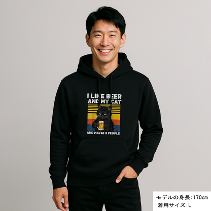 I LIKE BEER AND MY CAT｜飲み会で話題の面白パーカー【S–3XL／綿100%裏パイル】
