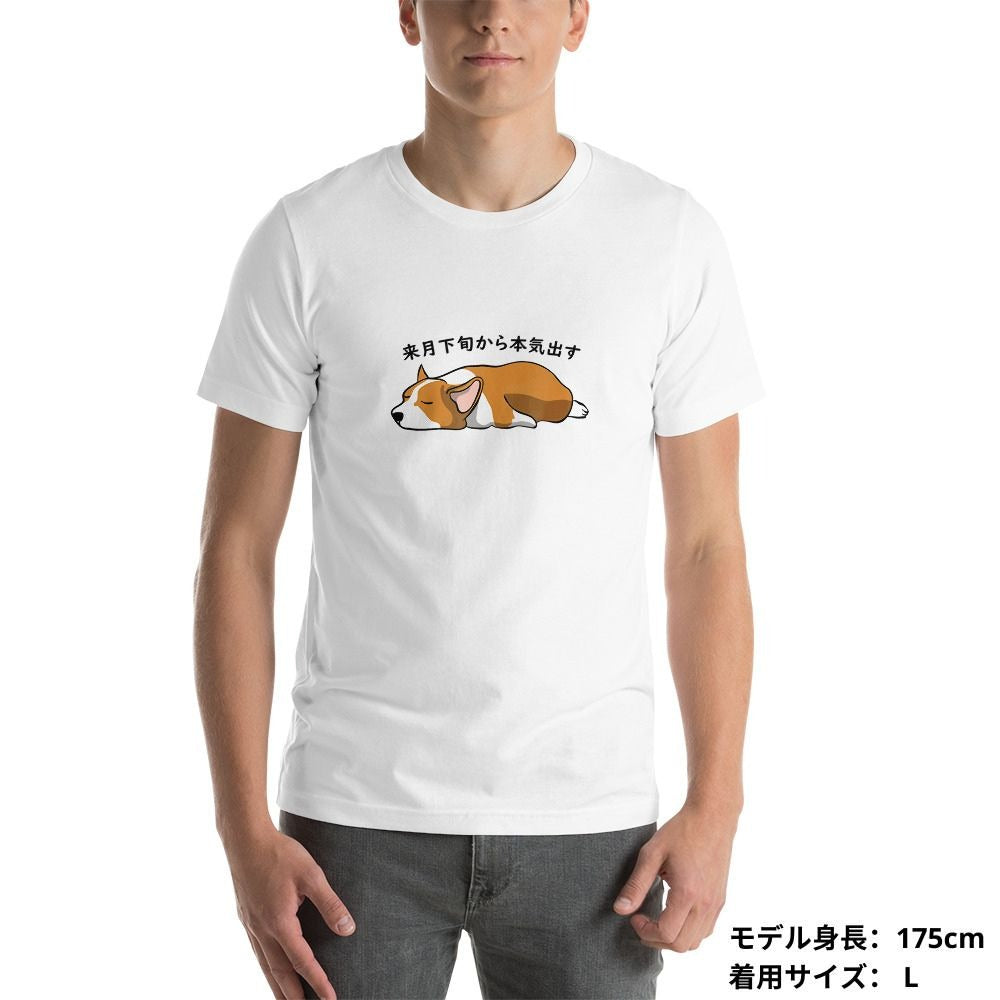 犬 tシャツ 犬イラスト Corgi犬 来月下旬から本気出す ｜アダルト&キッズサイズ.