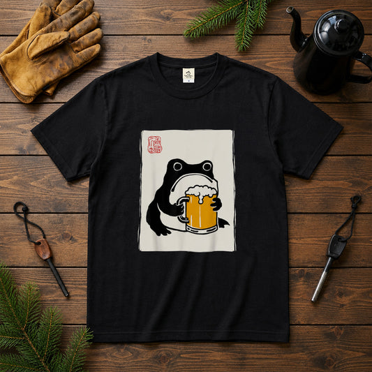 ビールを飲むカエル 和柄 Tシャツ ｜ ビール好き・カエル好き・浮世絵風に人気