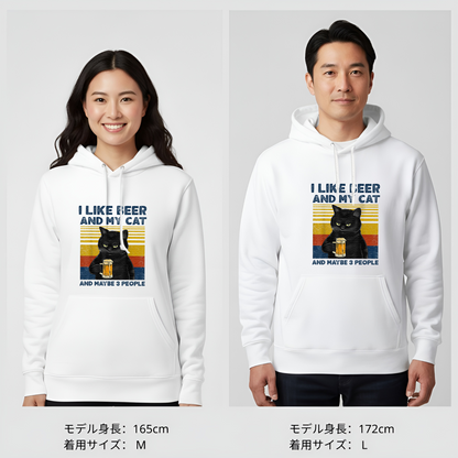 I LIKE BEER AND MY CAT｜飲み会で話題の面白パーカー【S–3XL／綿100%裏パイル】