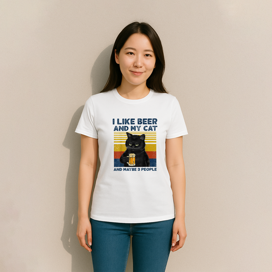 「I LIKE BEER AND MY CAT 」誕生日プレゼントにも最適！居酒屋・飲み会で話題の面白tシャツ｜日本酒・ビール・焼酎・ウイスキー好きにおすすめ