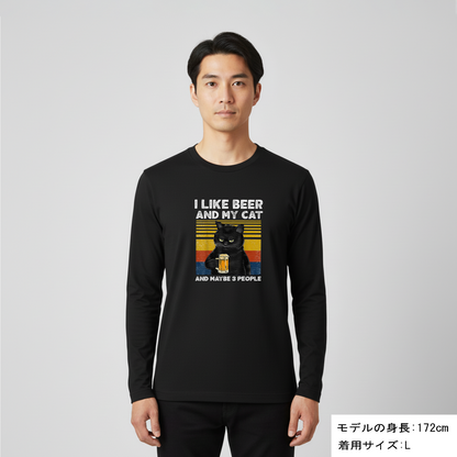 「I LIKE BEER AND MY CAT 」誕生日プレゼントにも最適！居酒屋・飲み会で話題の面白長袖tシャツ｜日本酒・ビール・焼酎・ウイスキー好きにおすすめ
