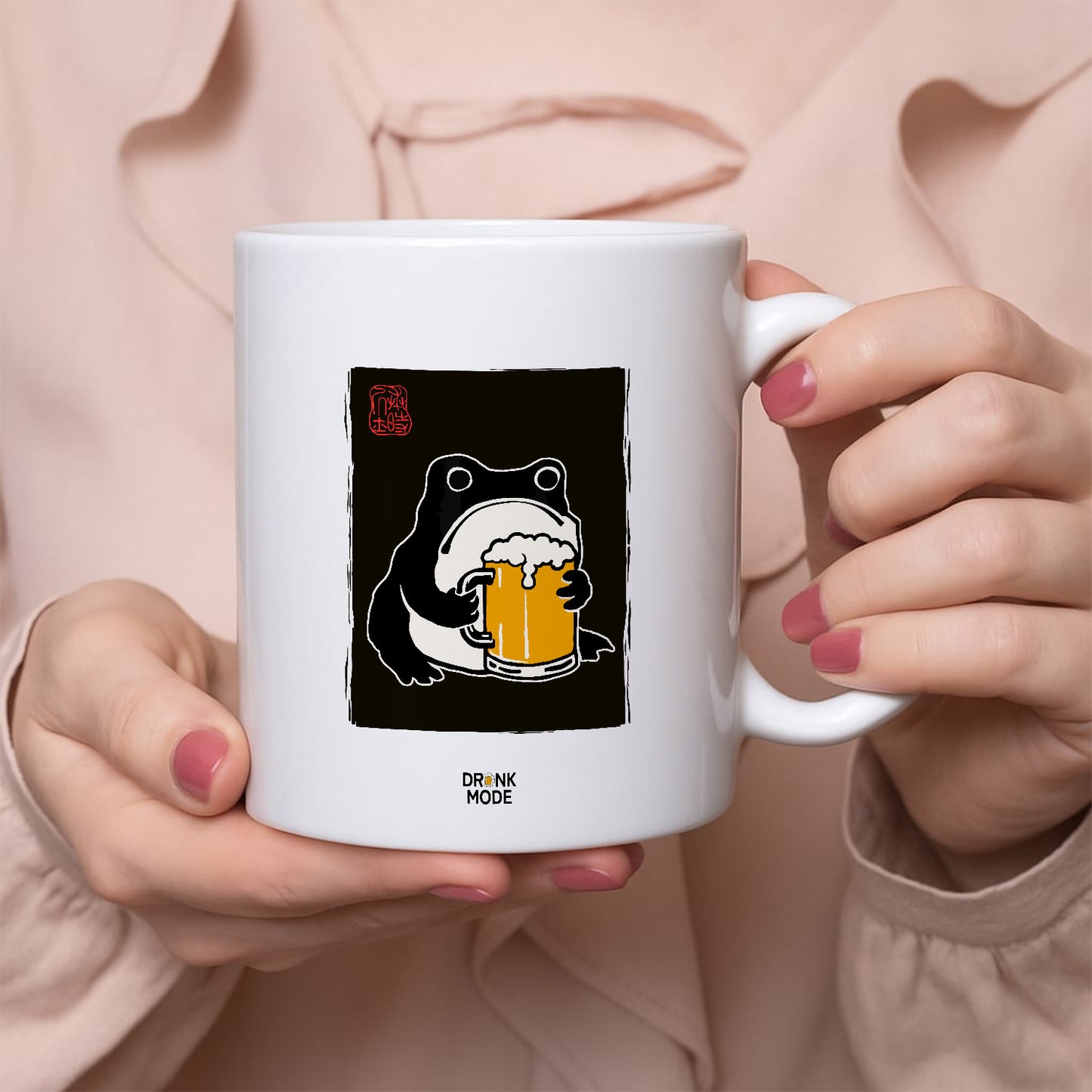 マグカップ ビールイラスト ビールを飲むカエル 和柄｜ビール好きにおすすめ プレゼントにも最適
