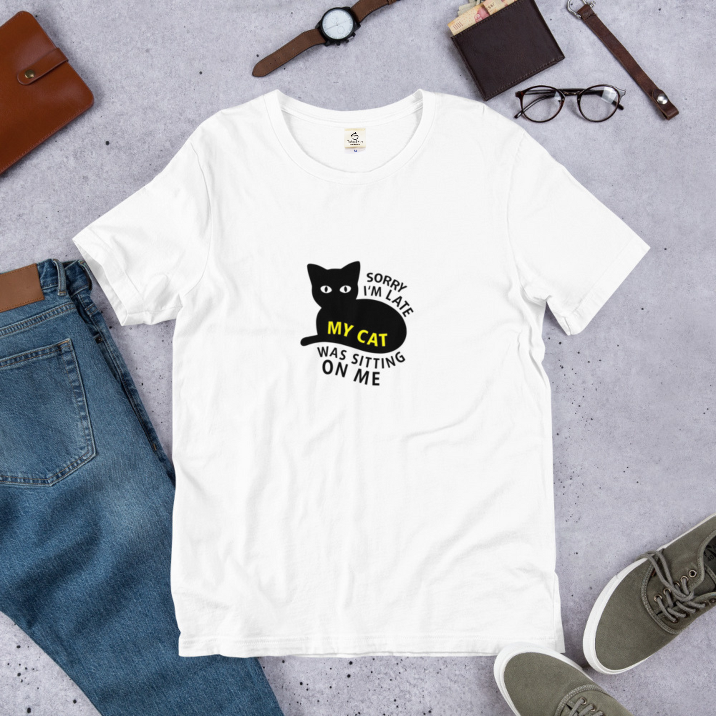 猫tシャツ ねこ 猫イラスト Sorry i'm late, my cat was sitting on me｜アダルト&キッズサイズ.