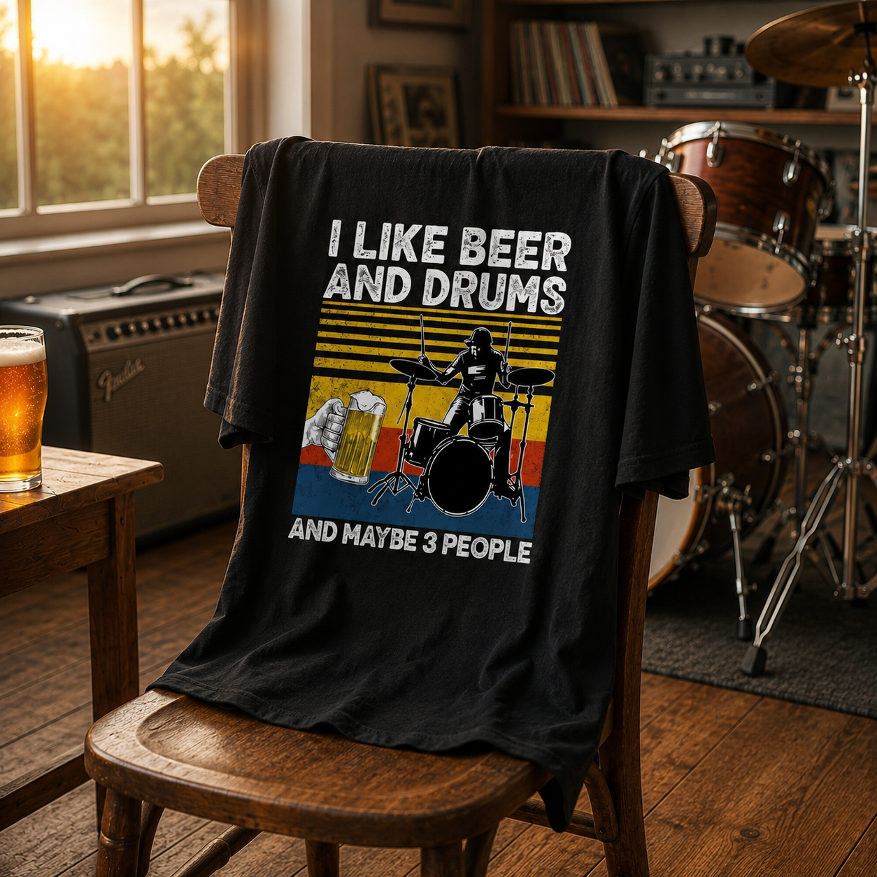 「I LIKE BEER AND DRUMS」ビール＆ドラムが好きTシャツ