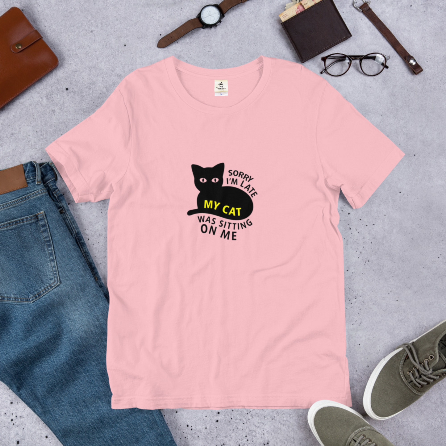 猫tシャツ ねこ 猫イラスト Sorry i'm late, my cat was sitting on me｜アダルト&キッズサイズ.