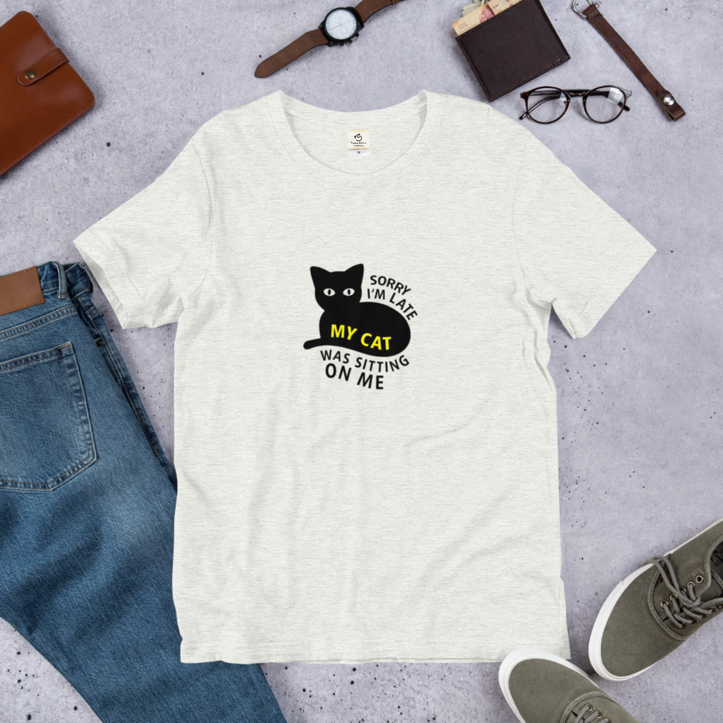 猫tシャツ ねこ 猫イラスト Sorry i'm late, my cat was sitting on me｜アダルト&キッズサイズ.