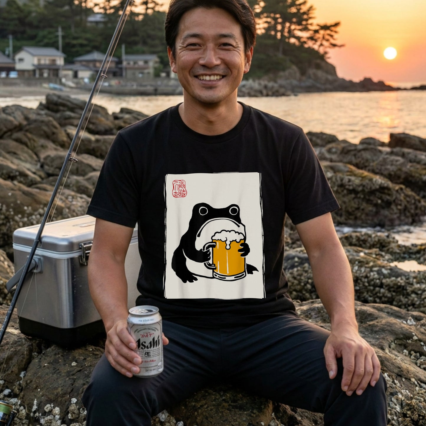 ビールを飲むカエル 和柄 Tシャツ ｜ ビール好き・カエル好き・浮世絵風に人気