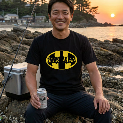 BEER MAN 蝙蝠ロゴ Tシャツ ｜ ビール好き・ヒーロー・おもしろ・パロディに人気