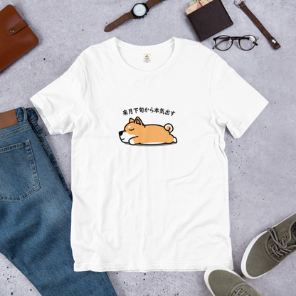 犬 tシャツ 犬イラスト  柴犬 来月下旬から本気出す ｜アダルト&キッズサイズ.