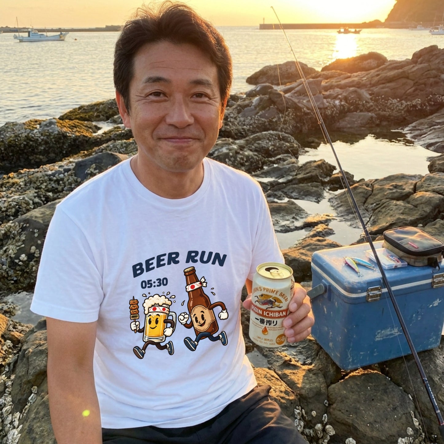 BEER RUN | ビールと焼き鳥の走る姿が可愛い レトロアニメ風面白Tシャツ【飲み会・ギフトに最適】