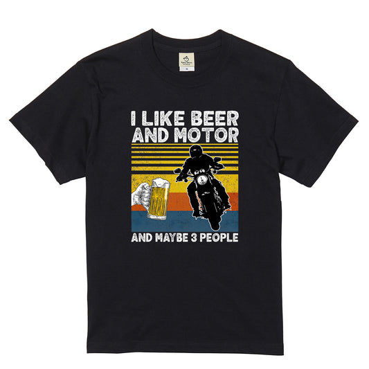 「I LIKE BEER AND MOTOR」ビール＆オートバイクが好き Tシャツ