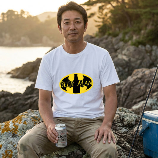 BEER MAN 蝙蝠ロゴ Tシャツ ｜ ビール好き・ヒーロー・おもしろ・パロディに人気
