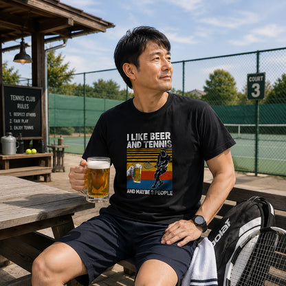 「I LIKE BEER AND MY TENNIS」ビール＆キャンプが好きTシャツ