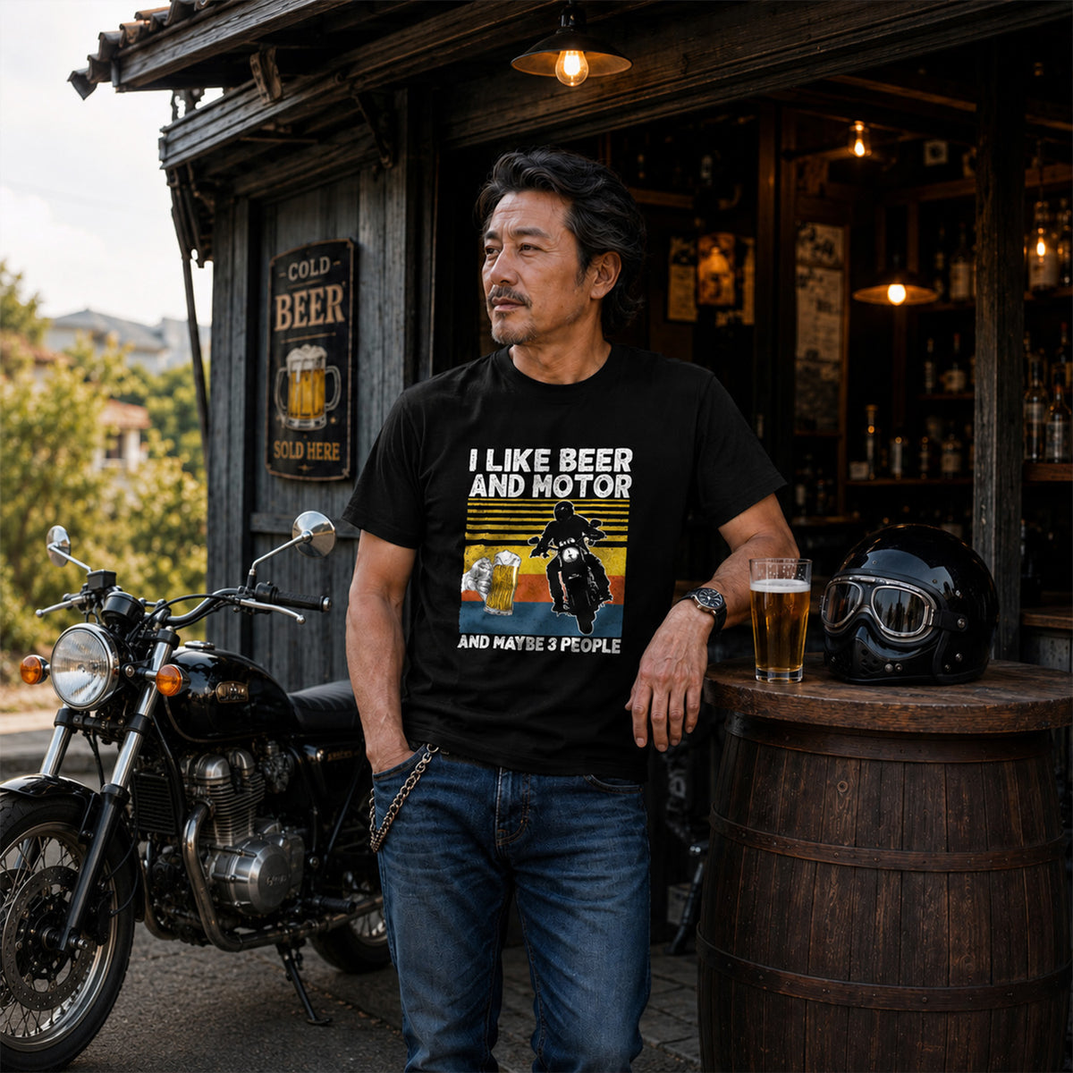 「I LIKE BEER AND MOTOR」ビール＆オートバイクが好き Tシャツ
