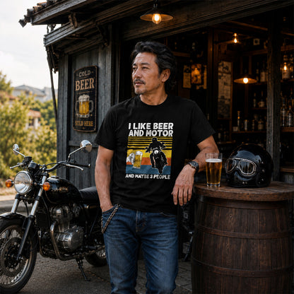 「I LIKE BEER AND MOTOR」ビール＆オートバイクが好き Tシャツ