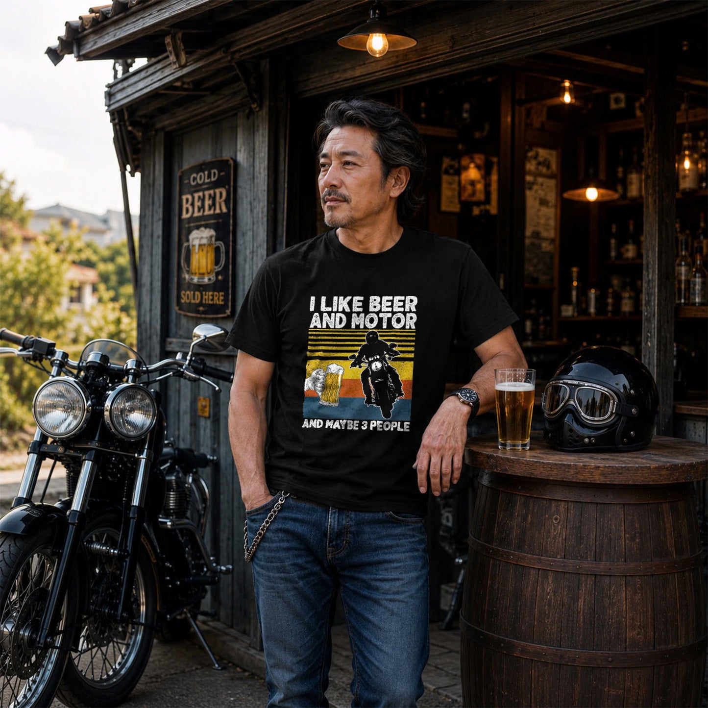 「I LIKE BEER AND MOTOR」ビール＆オートバイクが好き Tシャツ