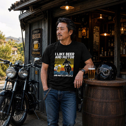 「I LIKE BEER AND MOTOR」ビール＆オートバイクが好き Tシャツ
