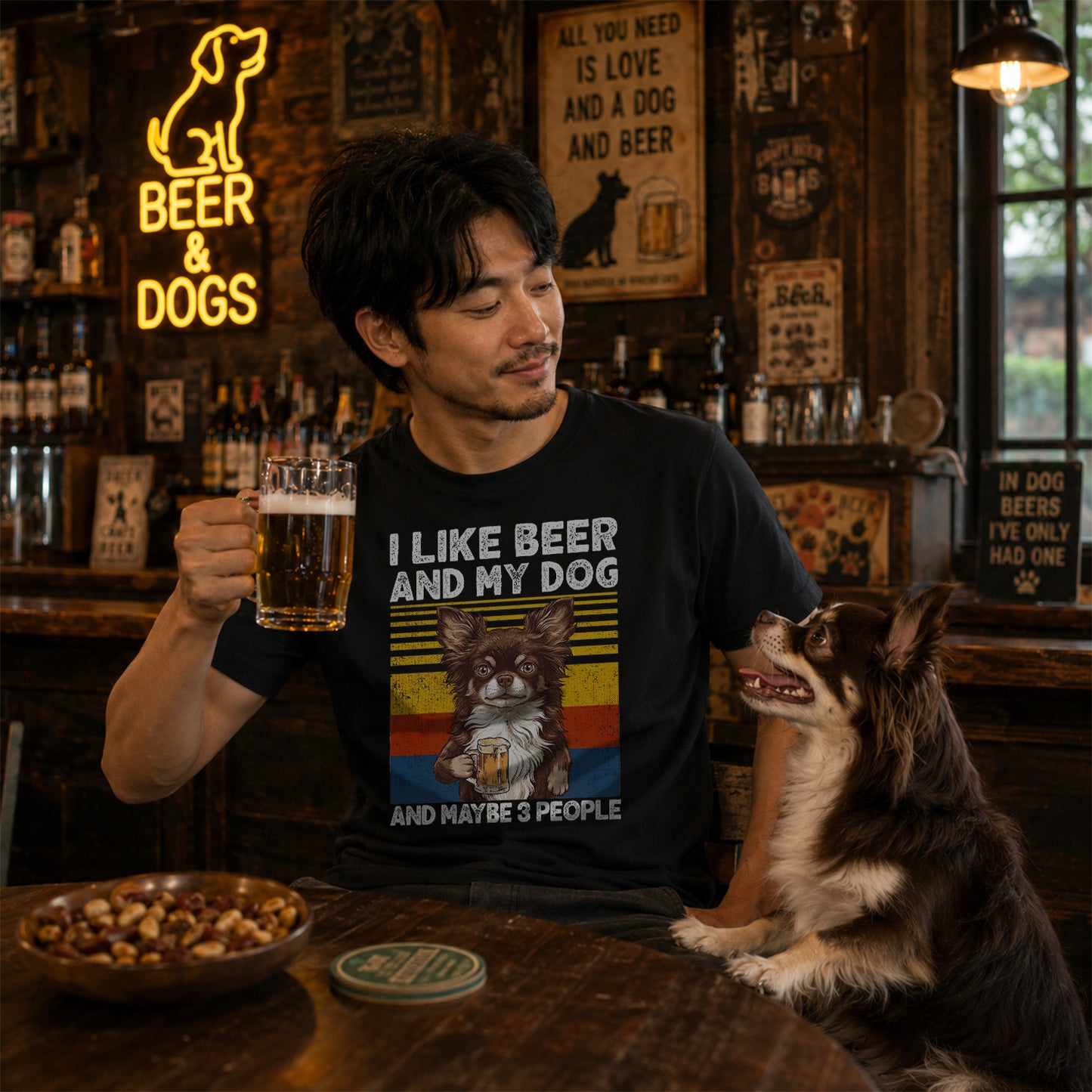 「I LIKE BEER AND MY DOG」ビール＆犬が好き Tシャツ｜犬種が選べます