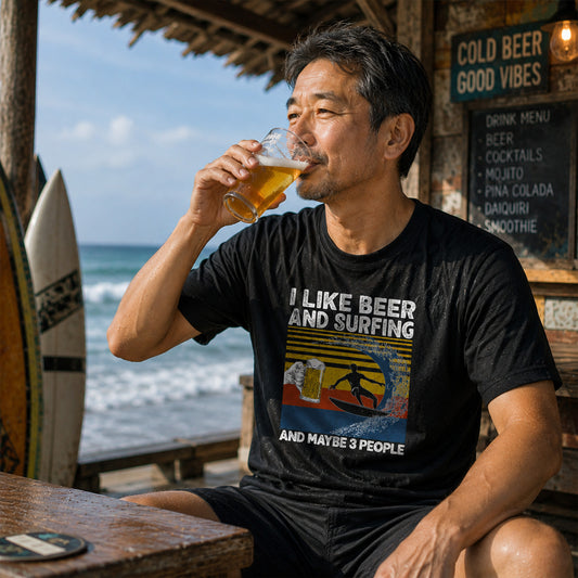 「I LIKE BEER AND SURFING」ビール&サーフィンが好き Tシャツ