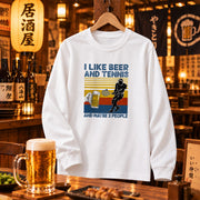 「I LIKE BEER AND TENNIS 」｜ 誕生日プレゼントにも最適！居酒屋・飲み会で話題の面白長袖tシャツ｜日本酒・ビール・焼酎・ウイスキー好きにおすすめ