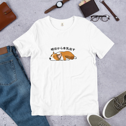 犬 tシャツ 犬イラスト Corgi犬 明日から本気出す ｜アダルト&キッズサイズ.