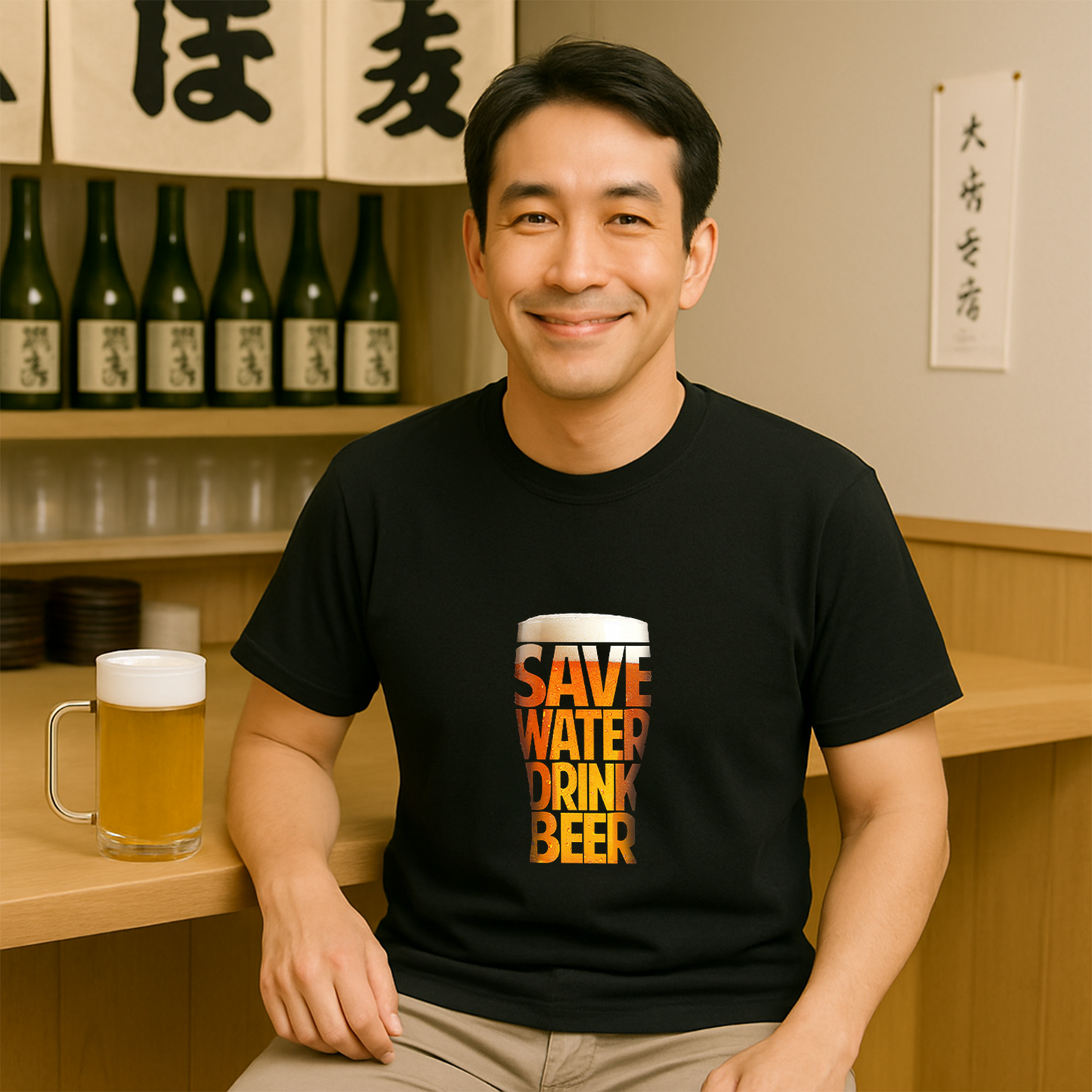 「 SAVE WATER DRINK BEER 」誕生日プレゼントにも最適！居酒屋・飲み会で話題の面白tシャツ｜日本酒・ビール・焼酎・ウイスキー好きにおすすめ