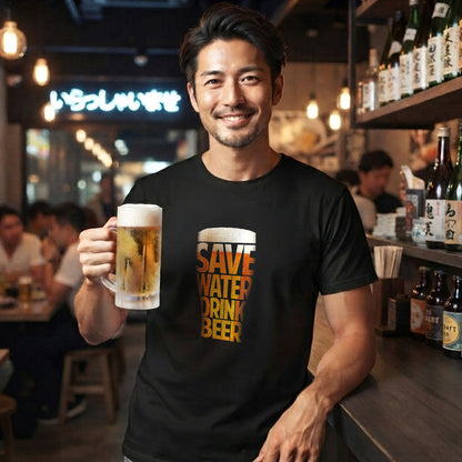 「 SAVE WATER DRINK BEER 」誕生日プレゼントにも最適！居酒屋・飲み会で話題の面白tシャツ｜日本酒・ビール・焼酎・ウイスキー好きにおすすめ