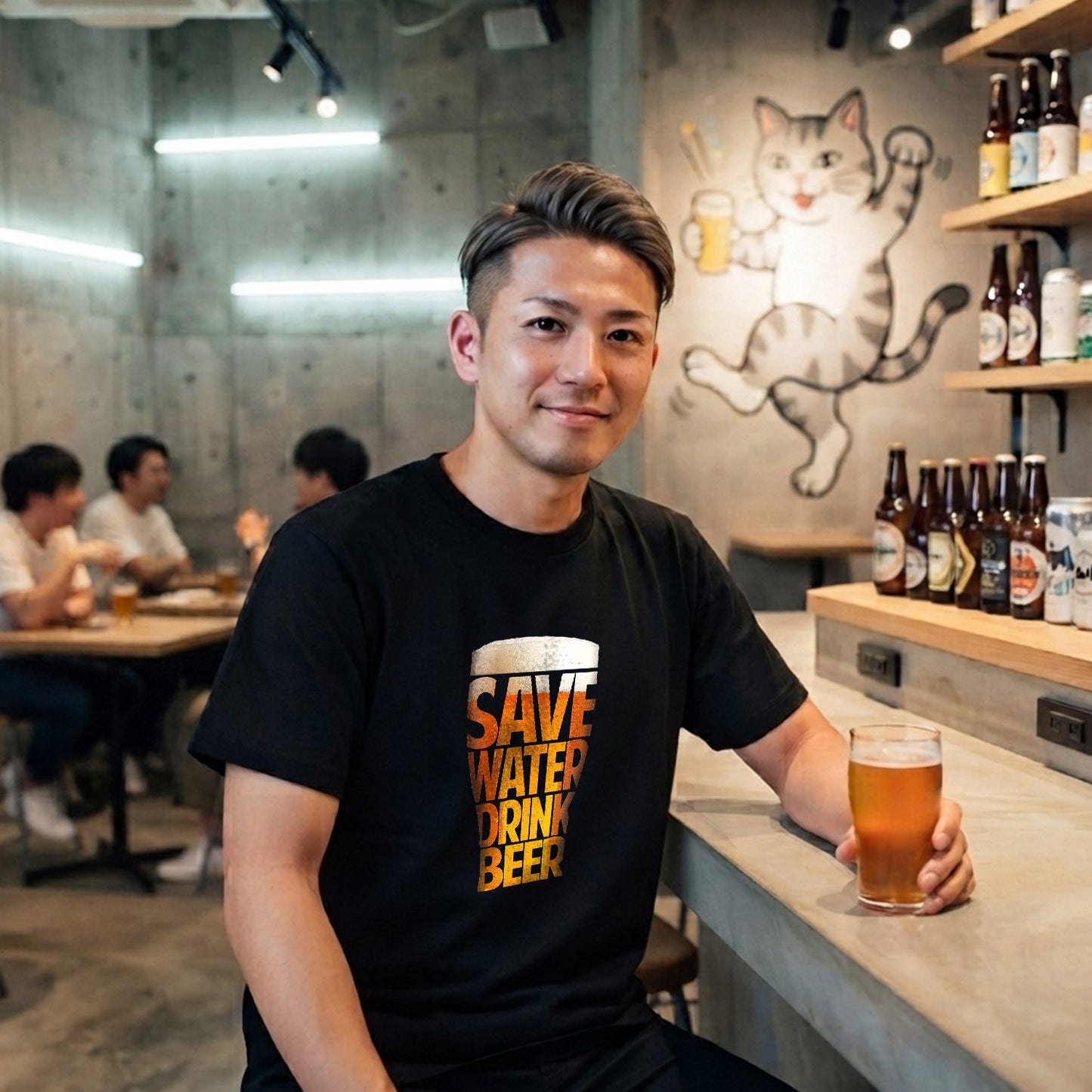 「 SAVE WATER DRINK BEER 」誕生日プレゼントにも最適！居酒屋・飲み会で話題の面白tシャツ｜日本酒・ビール・焼酎・ウイスキー好きにおすすめ
