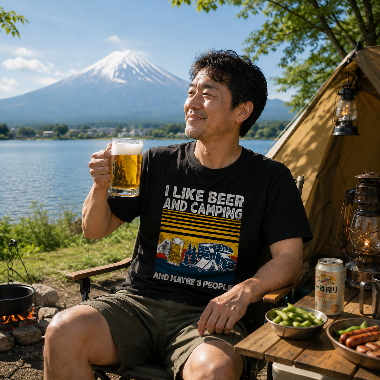 「I LIKE BEER AND MY CAMPING」ビール＆キャンプが好きTシャツ