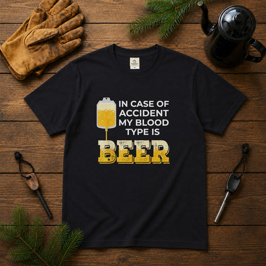 In Case of Accident My Blood Type is Beer Tシャツ ｜ ビール好き・お酒・おもしろ・ジョークに人気