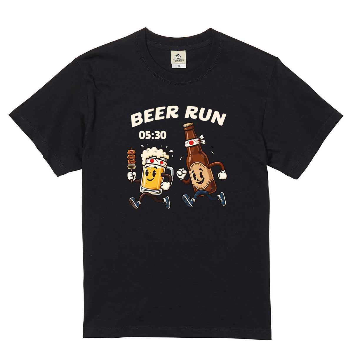 BEER RUN | ビールと焼き鳥の走る姿が可愛い レトロアニメ風面白Tシャツ【飲み会・ギフトに最適】