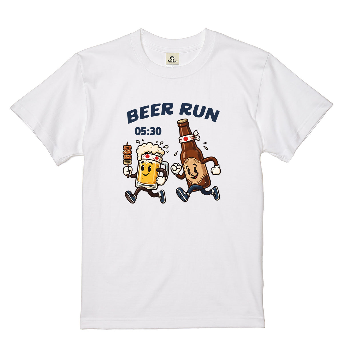 BEER RUN | ビールと焼き鳥の走る姿が可愛い レトロアニメ風面白Tシャツ【飲み会・ギフトに最適】