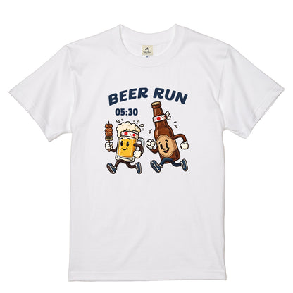 BEER RUN | ビールと焼き鳥の走る姿が可愛い レトロアニメ風面白Tシャツ【飲み会・ギフトに最適】
