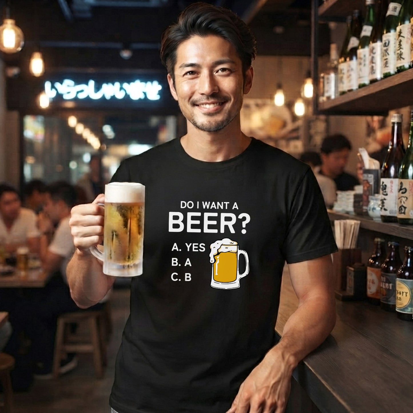 「Do i want a BEER?」誕生日プレゼントにも最適！居酒屋・飲み会で話題の面白tシャツ｜日本酒・ビール・焼酎・ウイスキー好きにおすすめ