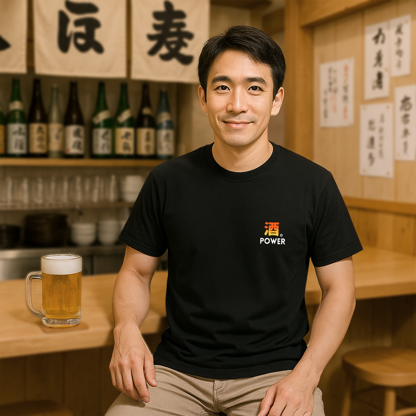 「 酒POWER」誕生日プレゼントにも最適！居酒屋・飲み会で話題の面白tシャツ｜日本酒・ビール・焼酎・ウイスキー好きにおすすめ