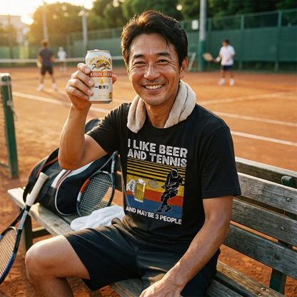 「I LIKE BEER AND TENNIS」ビール＆テニスが好きTシャツ