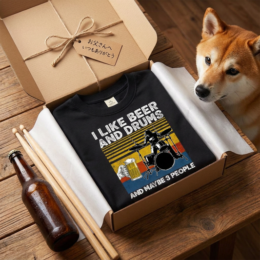「I LIKE BEER AND DRUMS」ビール＆ドラムが好きTシャツ