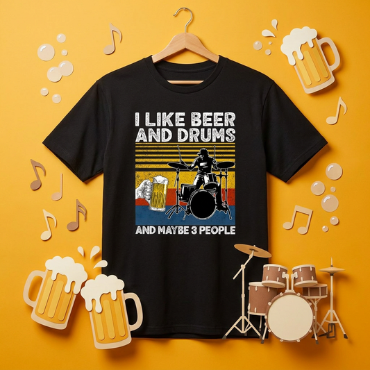 「I LIKE BEER AND DRUMS」ビール＆ドラムが好きTシャツ