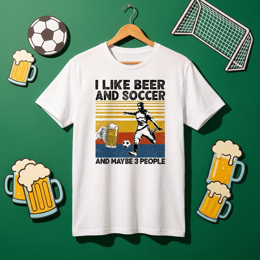 「I LIKE BEER AND SCCOER」ビール＆サッカーが好きTシャツ