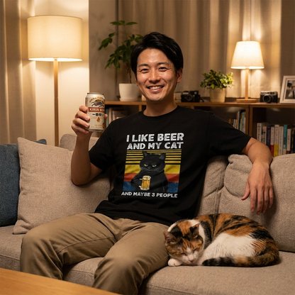猫とビールが好き Tシャツ｜I LIKE BEER AND MY CAT｜飲み会・居酒屋で話題