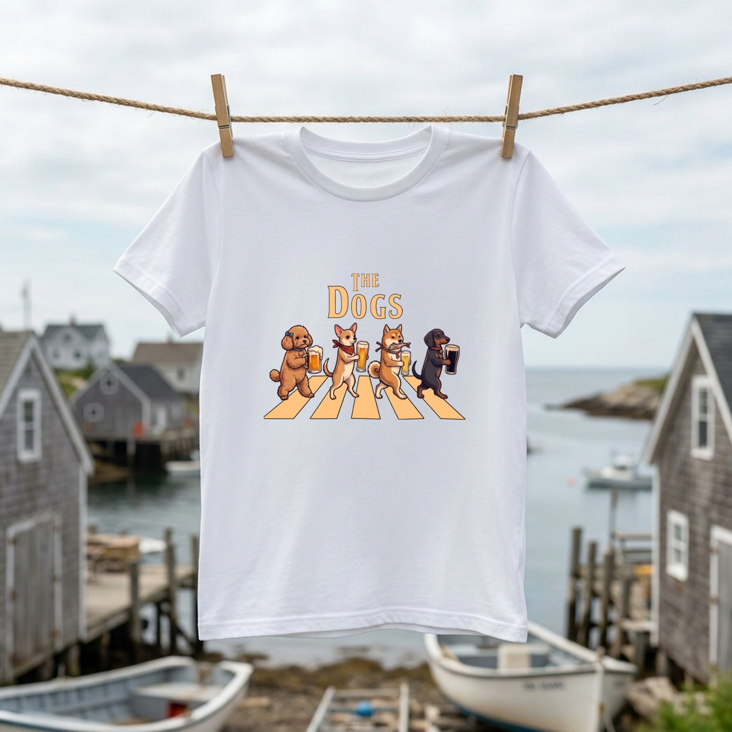 THE DOGS | 柴犬・プードル・チワワ・ダックスの乾杯 横断歩道 面白Tシャツ【愛犬家・ビール好き・ギフトに最適】
