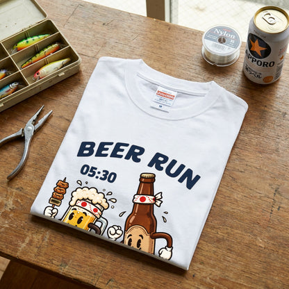 BEER RUN | ビールと焼き鳥の走る姿が可愛い レトロアニメ風面白Tシャツ【飲み会・ギフトに最適】