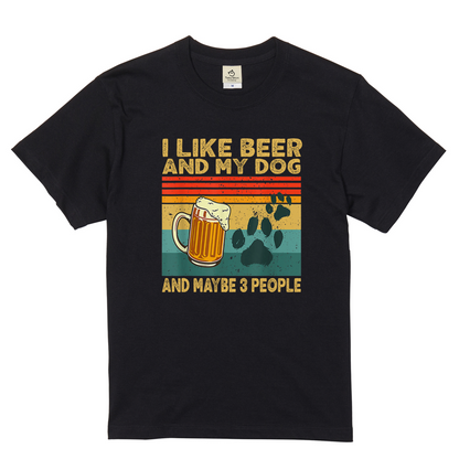 「I LIKE BEER AND MY DOG」ビール＆犬が好き 誕生日プレゼントにも最適！居酒屋・飲み会で話題の面白 コットン/ドライシルキータッチTシャツ｜日本酒・ビール・焼酎・ウイスキー好きにおすすめ