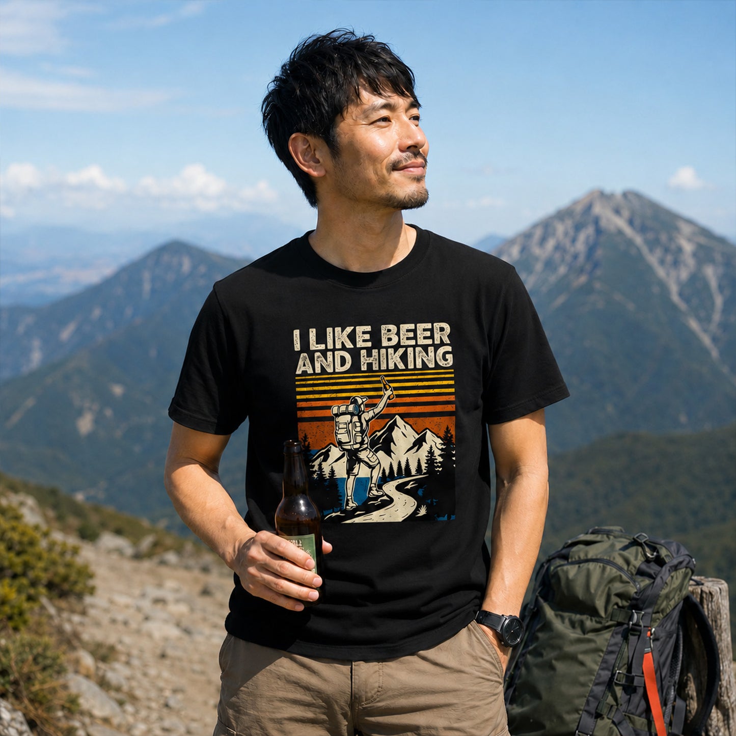 「I LIKE BEER AND HIKING」ハイキング・ビール好きTシャツ