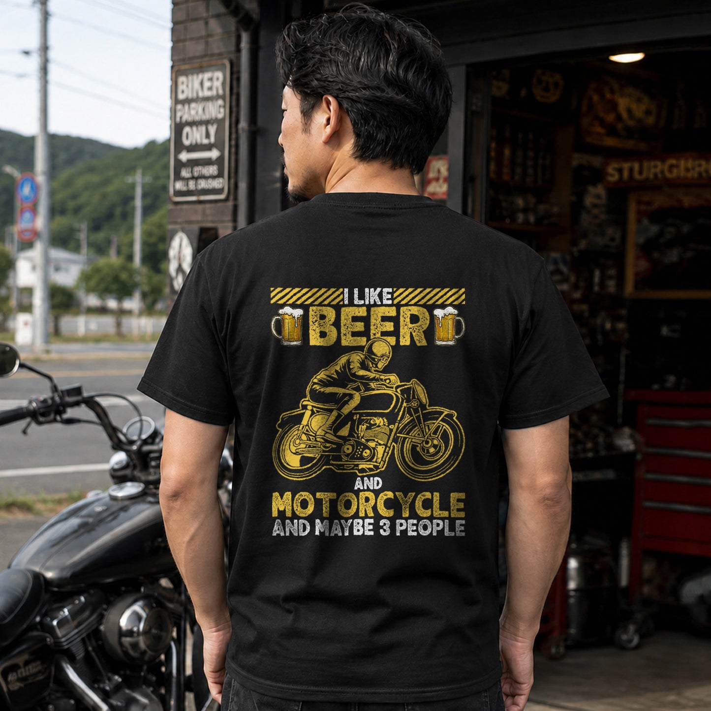 「I LIKE BEER AND MOTOR」ビール＆オートバイクが好き Tシャツ