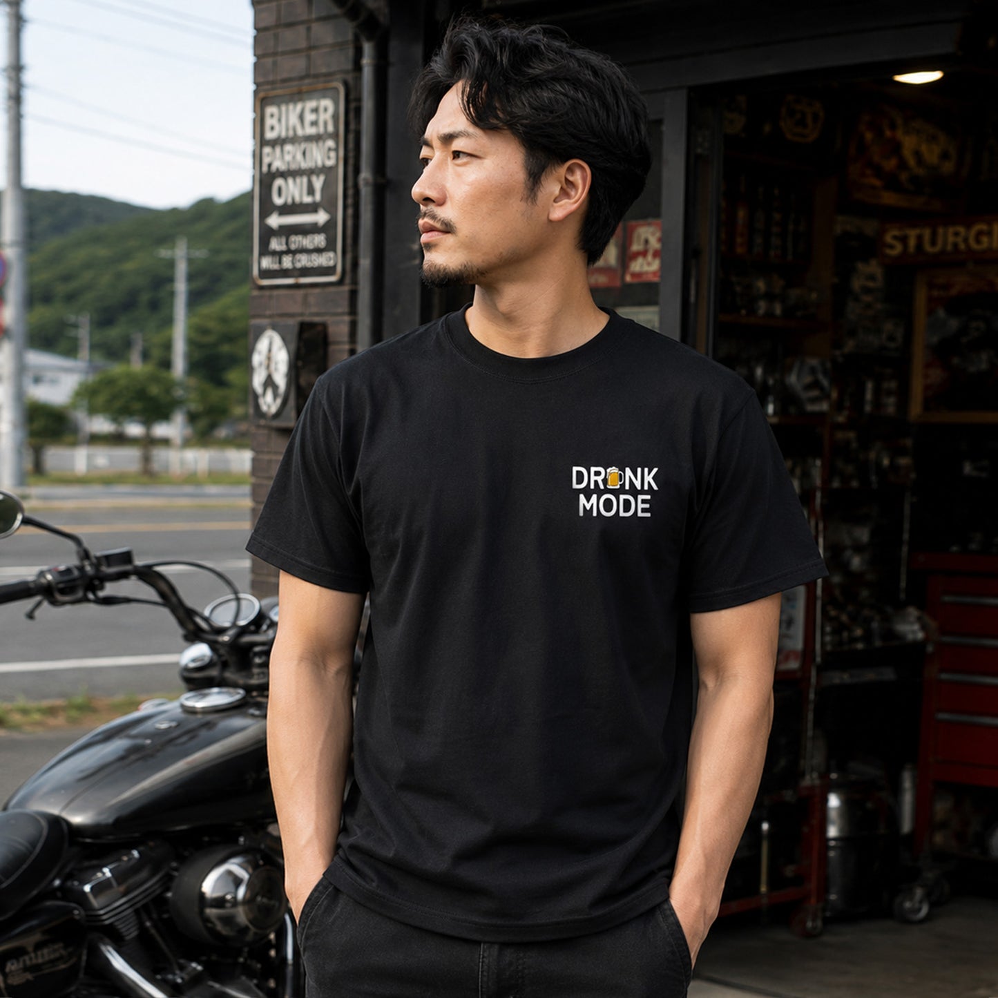 「I LIKE BEER AND MOTOR」ビール＆オートバイクが好き Tシャツ
