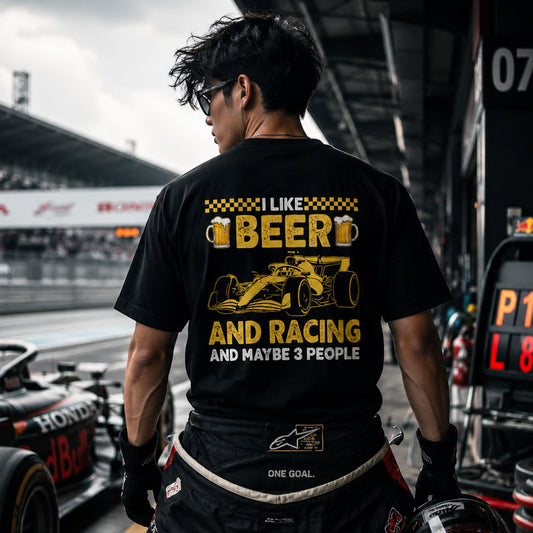 「I LIKE BEER AND RACING」ビール＆オートバイクが好き Tシャツ