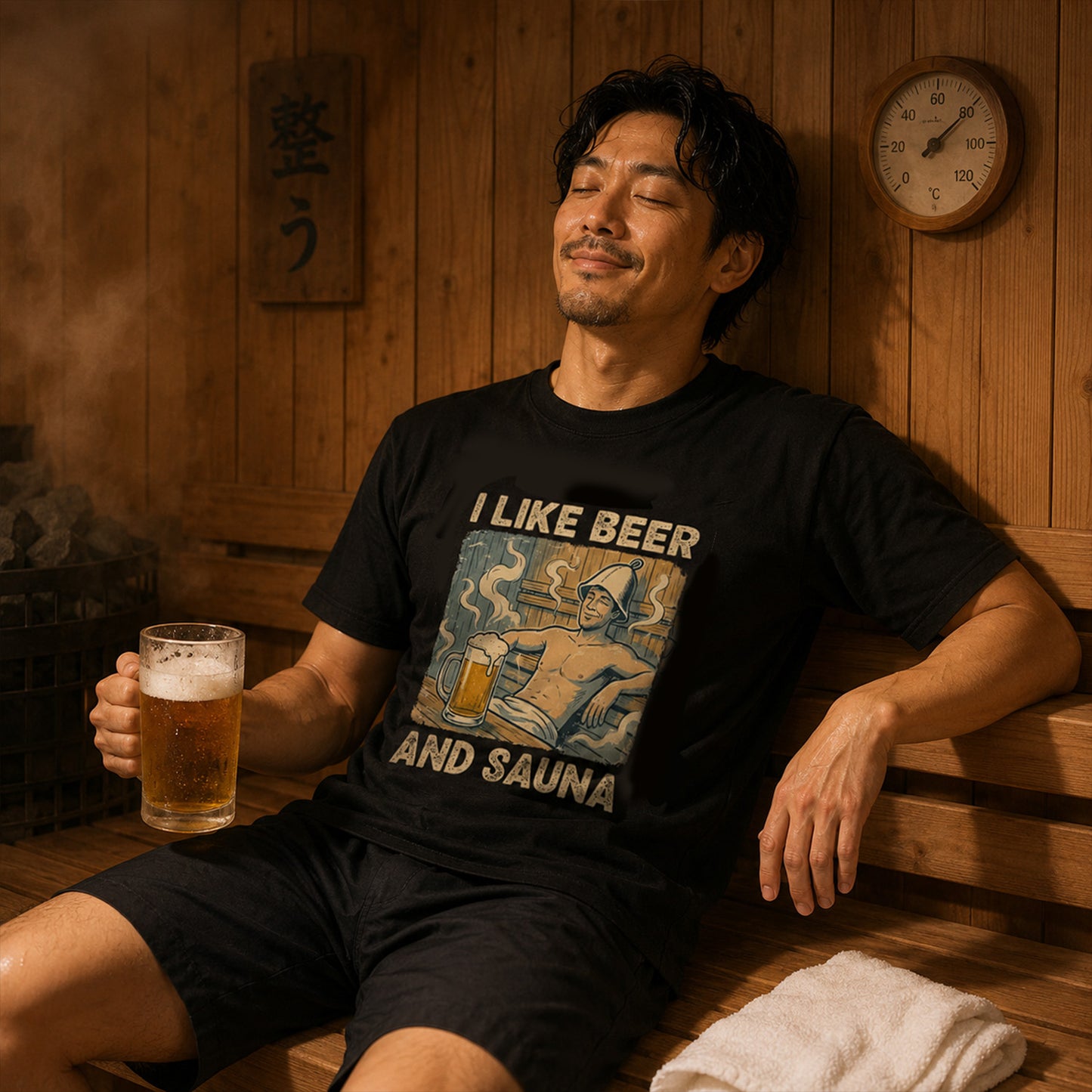 「I LIKE BEER AND SAUNA」ビール＆サウナが好きTシャツ